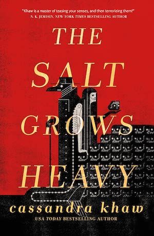 cover of The Salt Grows Heavy by Cassandra Khaw; illustration of a plague doctor and and a mermaid monster holding a skull