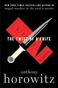 cover of The Twist of the Knife by Anthony Horowitz, showing an illustration of a pen knife on top of a red ticket against a black background