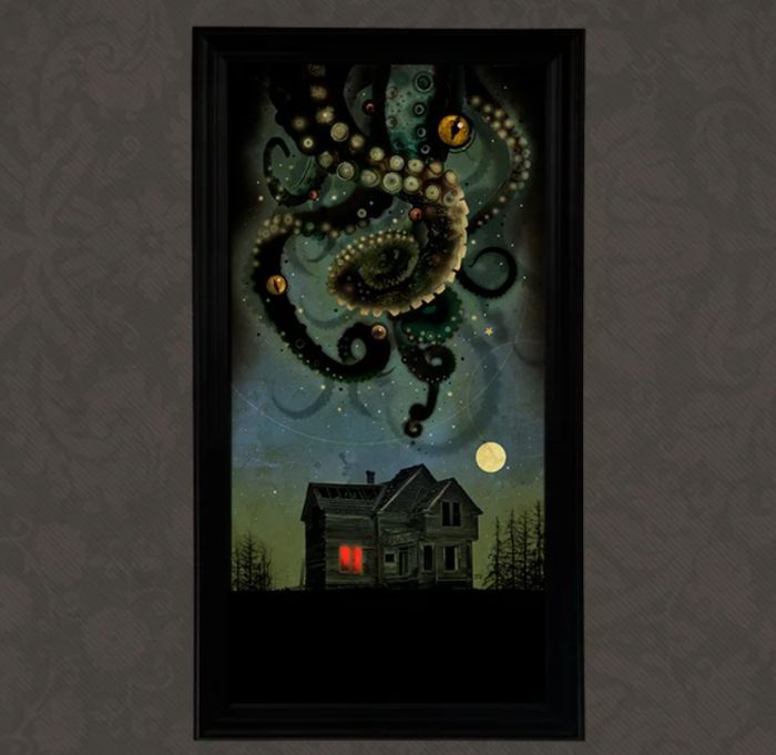 a painting showing a mass of tentacles and eyes over a house at night