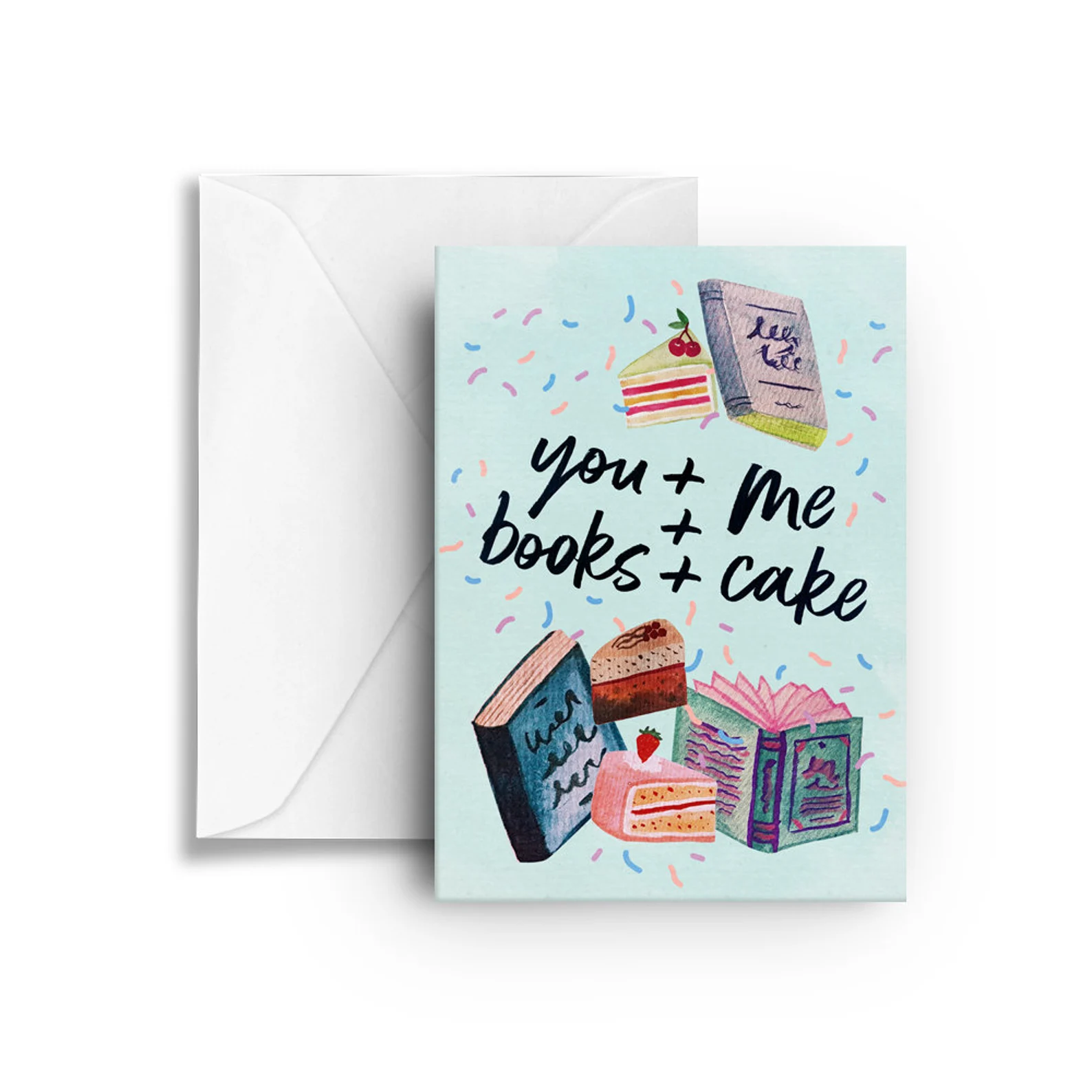 a card that reads "you + me + books + cake" and little illustrations of books and cake