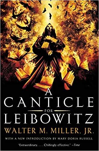 cover of A Canticle for Leibowitz by Walter Miller, Jr.; illustration of a monk surrounded by books on fire