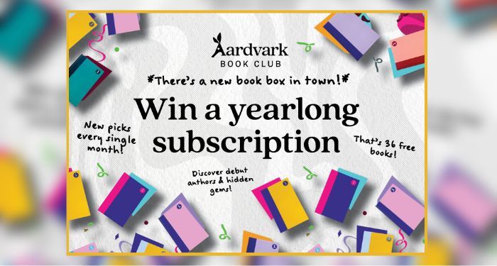 Gray background with colorful book covers and black text reading "There's a new book club in town! Win a yearlong subscription" under the logo for Aardvark Book Club.