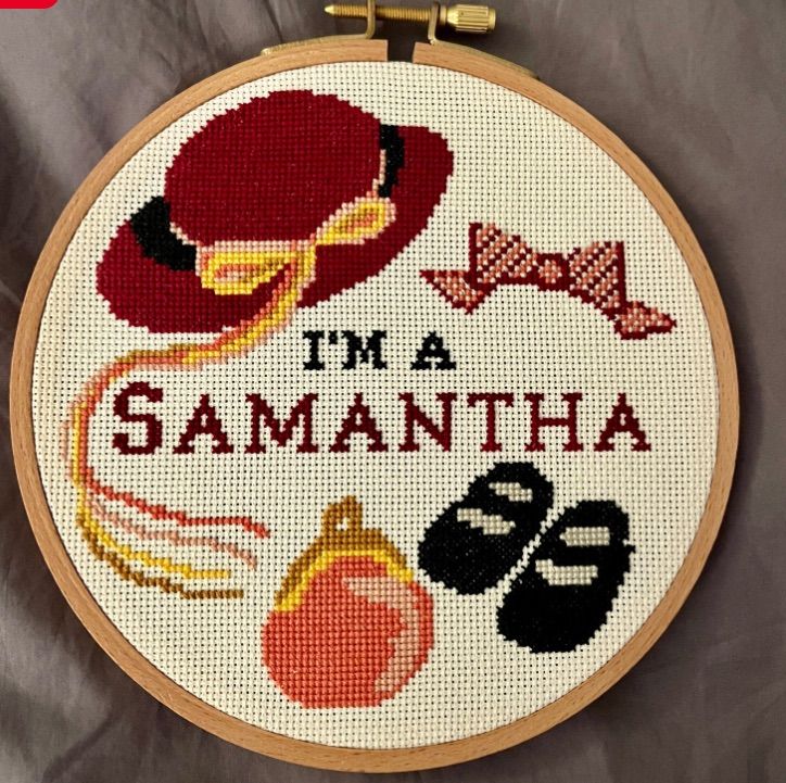 Image of a cross stitch pattern featuring images representing Samantha. It reads 