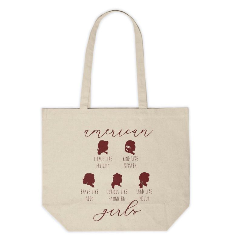 Image of a canvas tote bag with the American girls's illustrated portraits.