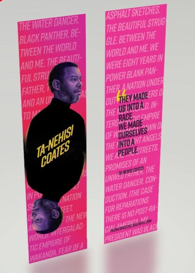 Image of a neon pink bookmark featuring Ta-Nehisi Coates's image and words. 