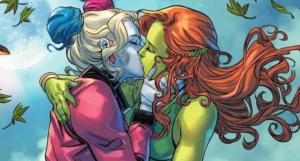 a panel showing Harley Quinn and Poison Ivy kissing as autumn leaves fall around them