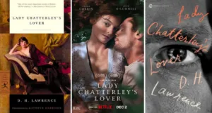 a collage of three book covers and movie posters of LADY CHATTERLEY’S LOVER