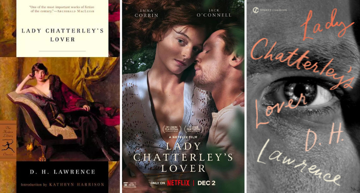 a collage of three book covers and movie posters of LADY CHATTERLEY’S LOVER