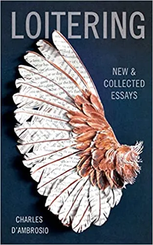 cover of Loitering: New and Collected Essays by Charles D'Ambrosio; image of bird's wing with feathers made from pages of a book