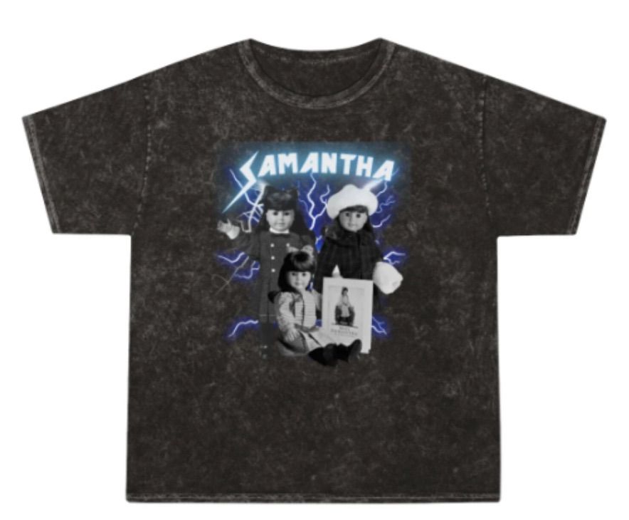 Image of a black mineral wash tee. It features Samantha. 