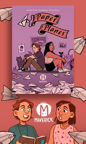 Book cover of PAPER PLANES by Jennie Wood, Dozerdraws, and Micah Myers over a red background with paper airplanes and the Maverick logo between two characters from the graphic novel. 