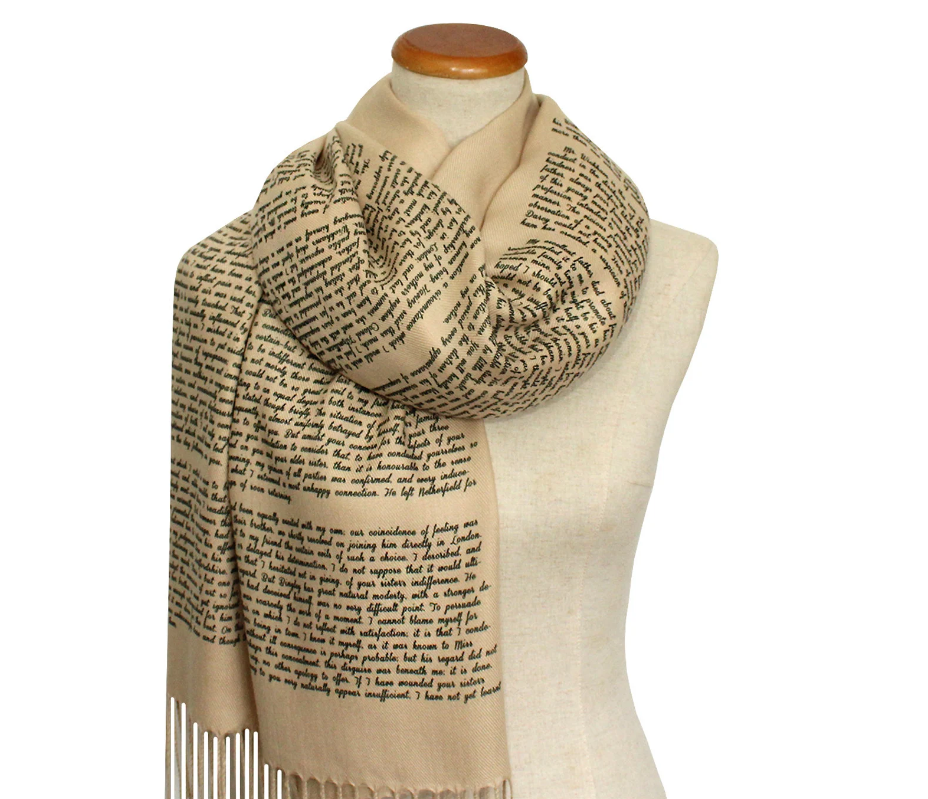 Picture of Pride and Prejudice scarf with letter to Elizabeth lines on it