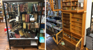 two photos of cases of antiquarian books with the doors broken and books missing