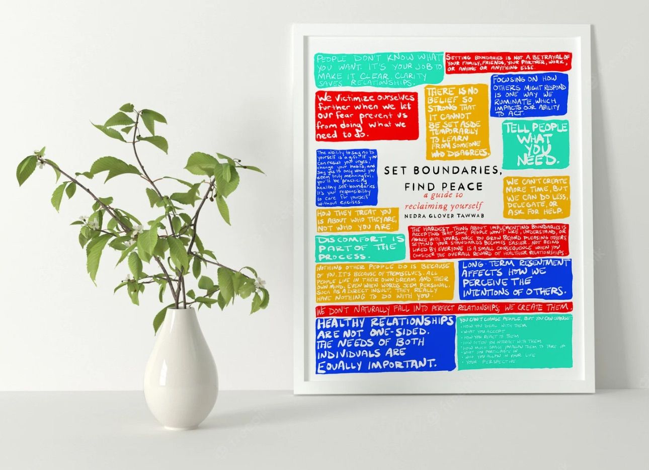 Image of a poster featuring quotes from the book Set Boundaries, Find Peace