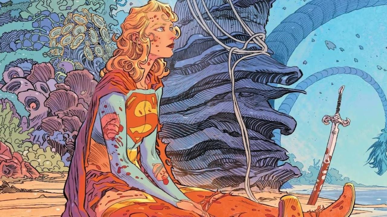 a panel from Supergirl: The Woman of Tomorrow, showing Supergirl sitting on the ground, splattered with blood, staring blankly