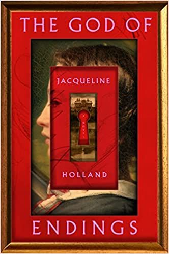 cover of The God of Endings by Jacqueline Holland; illustration of several repeating red rectangles getting increasingly smaller towards the middle over a painting of a woman's face