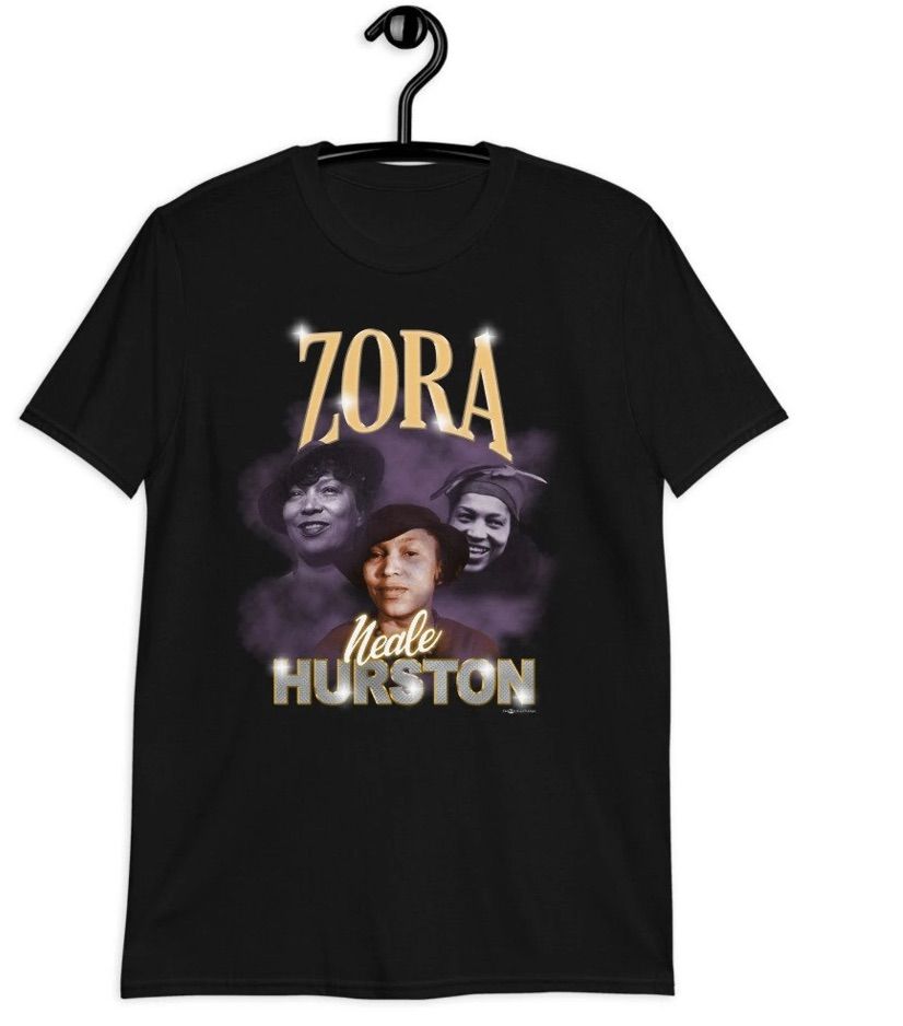 Image of a Zora Neale Hurston t-shirt in the style of a 90s rap icon top. 