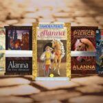 five different covers of Tamors Pierce's Alanna of Tortall books with a sword woven in between them