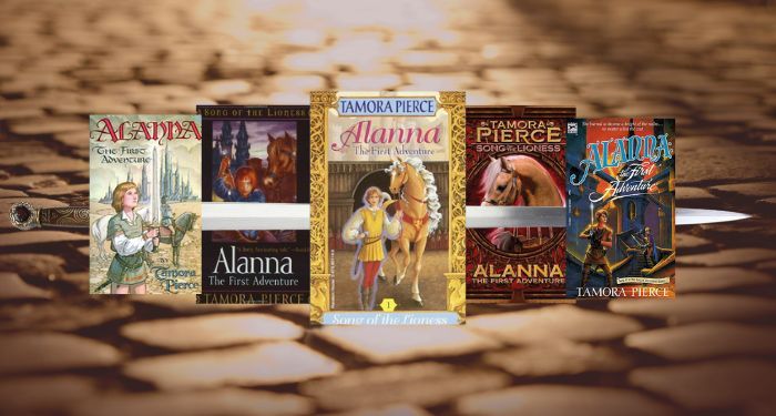 five different covers of Tamors Pierce's Alanna of Tortall books with a sword woven in between them
