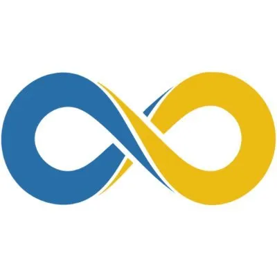 Bookfinity logo: a graphic of an infinity symbol that is half blue and half yellow 