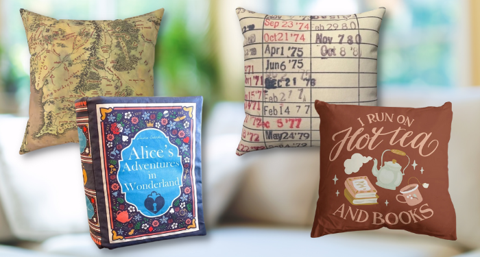 a collage of some of the bookish pillows listed