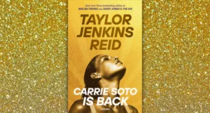 the cover of Carrie Soto is Back against a matching gold glitter background