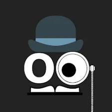 Bookycall app logo, showing a graphic of two large eyeballs, one wearing a monocle. A bowler hat is resting on the eyes and a collar is beneath them