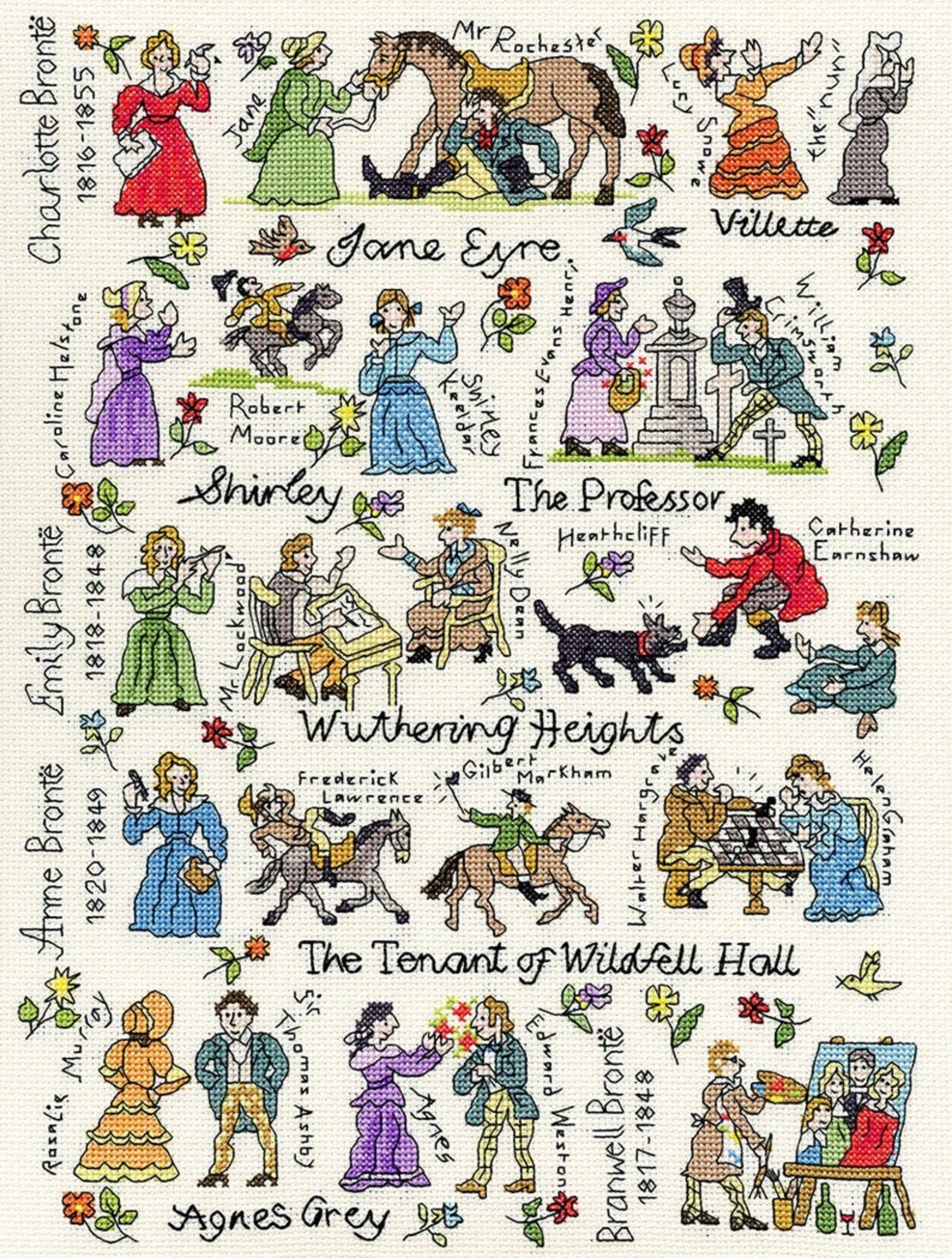 a cross stitch sample with titles of Bronte sisters' novels with stitched characters and flowers 