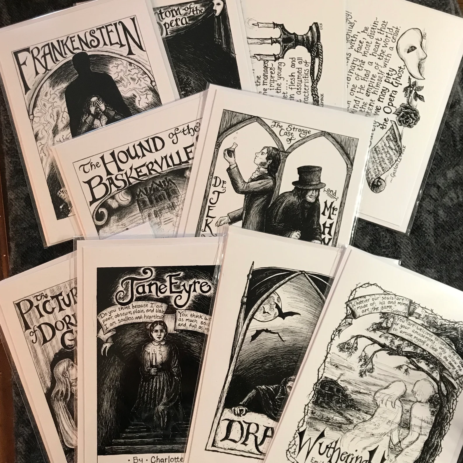 note cards with black-and-white illustrations depicting various gothic novels like Jane Eyre and Frankenstein.