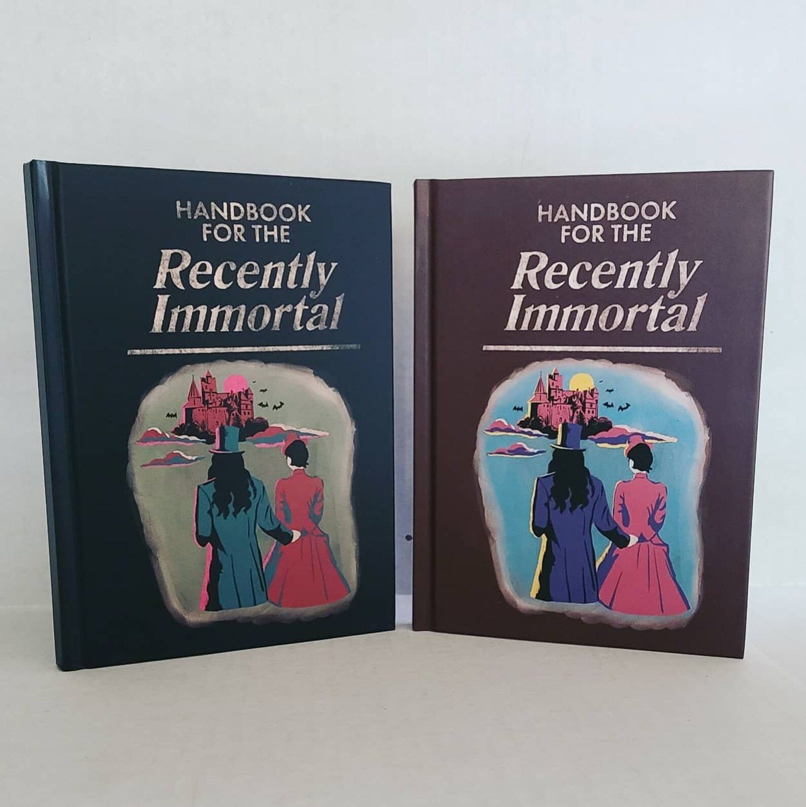 a hardcover journal with "Handbook for the Recently Immortal" on the cover, along with an image of two people looking at a far-off castle.