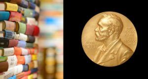 Image of Nobel prize beside a book stack
