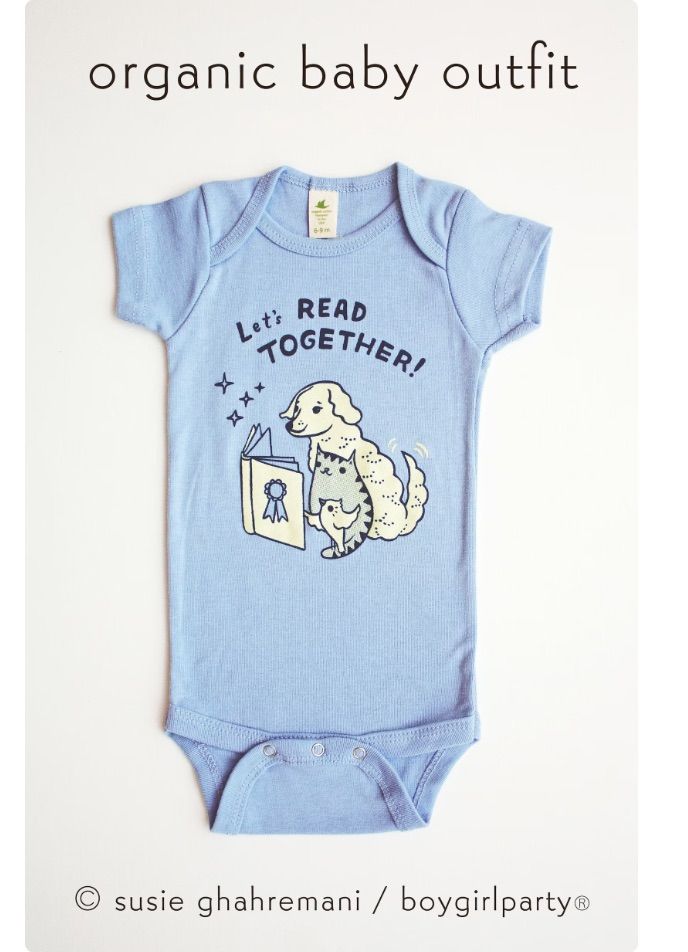 Image of a light blue body suit for a baby that says "let's read together" and features a cat, dog, and bird with aa book. 