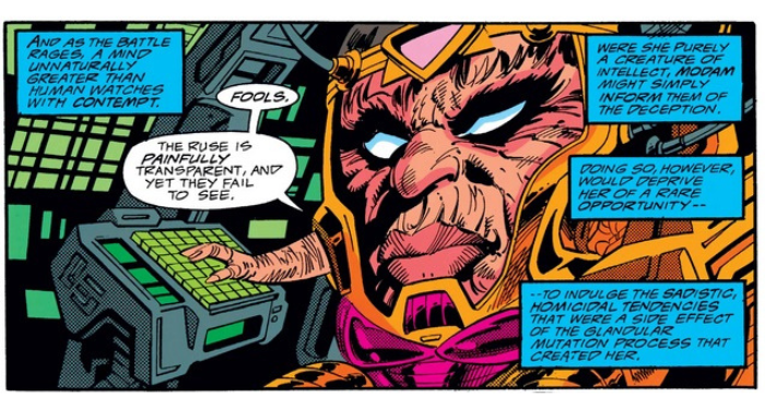 an iron man comics panel showing Modam, a giant head wearing red lipstick