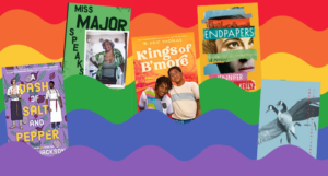 a collage of the covers listed with a rainbow background
