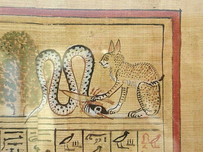 Egyptian papyrus drawing ofRa, depicted as The Great Cat, slaying Apep with a knife