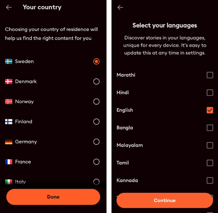 two Storytel screens showing Select Country and Select Language options