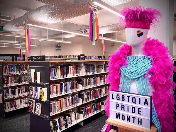 Image of Waverley Library, with display of mannequin with pink boa, pink fluffy hat, and blue crochet top. There is a sign that says 