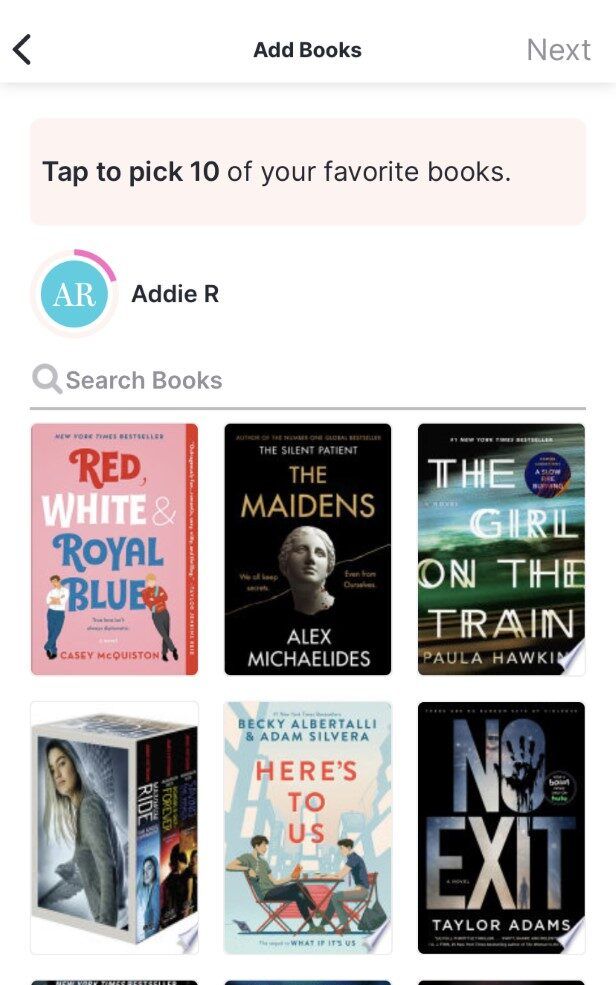 A screenshot of the Likewise screen where you add your ten favorite books.