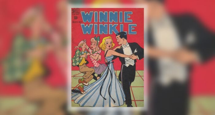 Winnie Winkle #1 cover, showing Winnie in a blue floor-length gown dancing with her husband in a tuxedo while another couple in more casual dress dances besides them