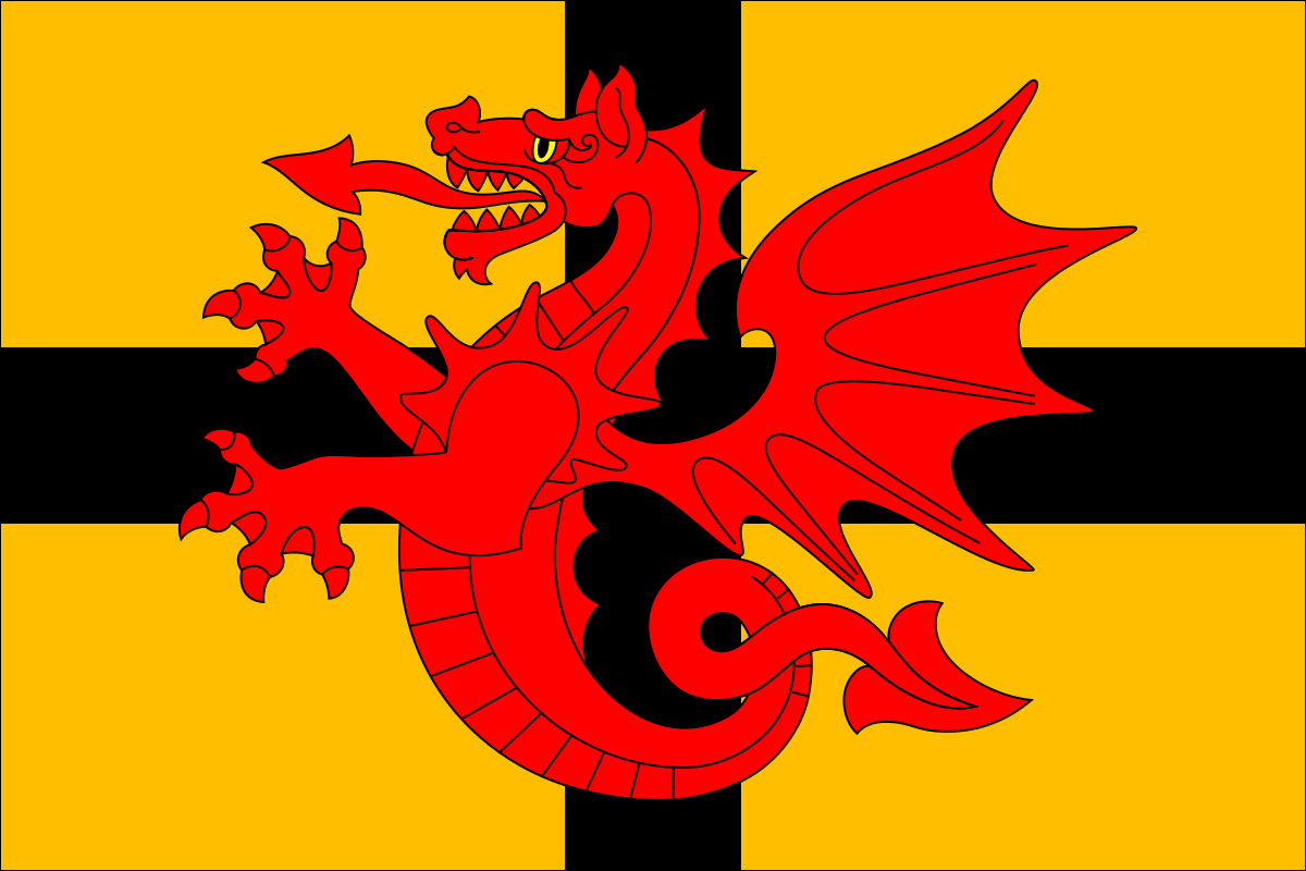 flag of Tregor, Brittany, depicting a red two gedded dragon with wings on a yellow background with a black cross