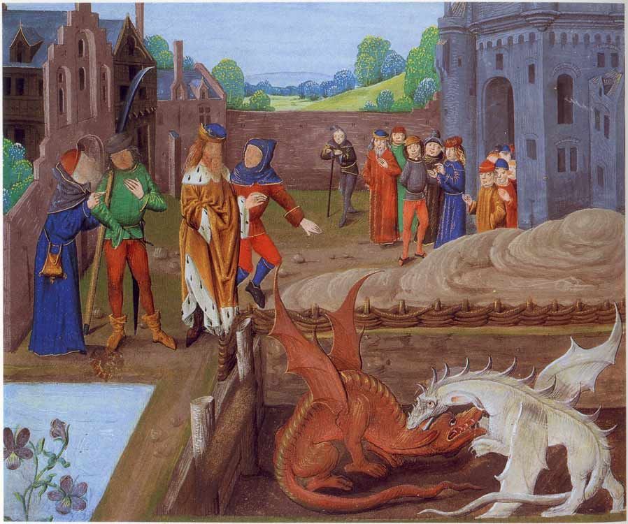 Illustration of Ambrose and Vortigern watching the fight between the red and white dragons, from Geoffrey of Monmouth's 15th century manuscript The History of the Kings of Britain