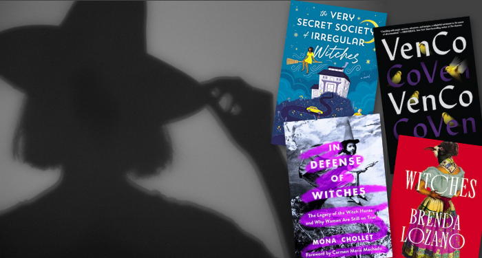 a collage of the covers listed beside a silhouette of a person wearing a witch's hat
