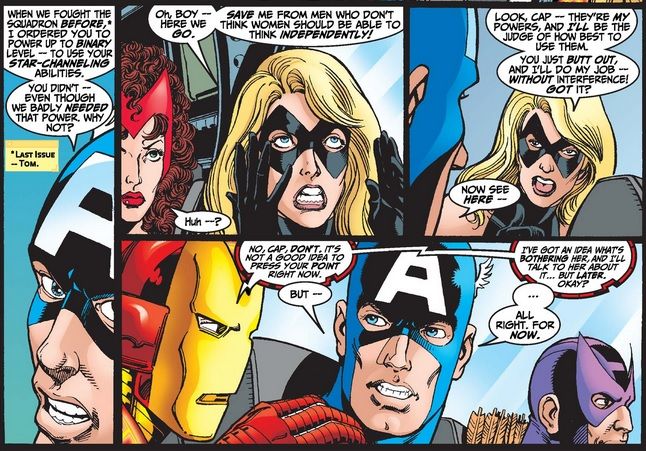 In four panels, Warbird lashes out at Captain America for no reason. Iron man convinces Cap to let her be so that he himself can talk to her later.