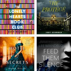 Audiobook covers for The Protege, The Lonely Hearts Book Club, Hotel of Secrets, and Feed Them Silence from Dreamscape. 