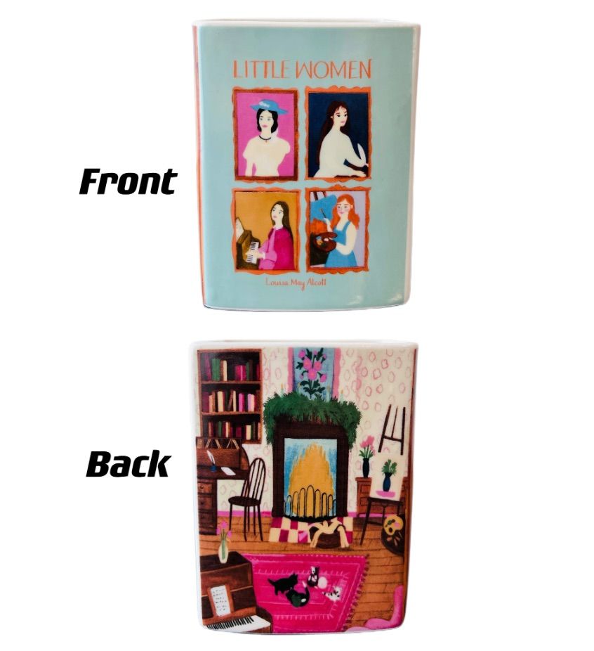 Front and back images of a bookish vase that is an homage to LITTLE WOMEN.