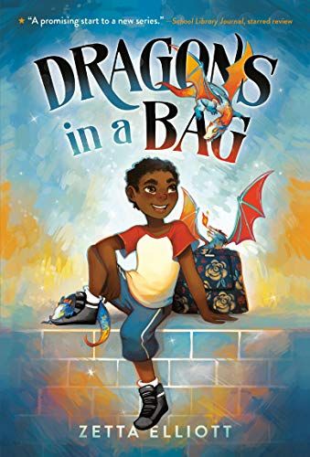 book cover of Dragons in a Bag by Zetta Elliott; illustration of a young Black boy with a dragon in a bag