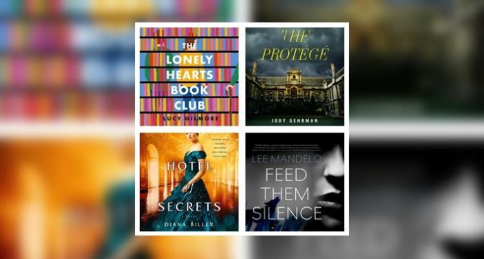 Audiobook covers for The Protege, The Lonely Hearts Book Club, Hotel of Secrets, and Feed Them Silence from Dreamscape.