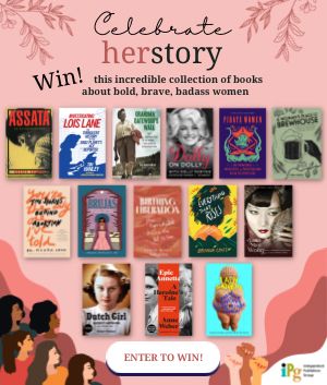 Dark pink background with illustrated images of women and text reading "Celebrate herstory: win this incredible collection of books about bold, brave, badass women." Below the text are the book covers for 14 books. 