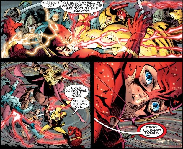 Reverse Flash beats up the Flash while telling him that the timestream troubles they've been experiencing are all Flash's fault.