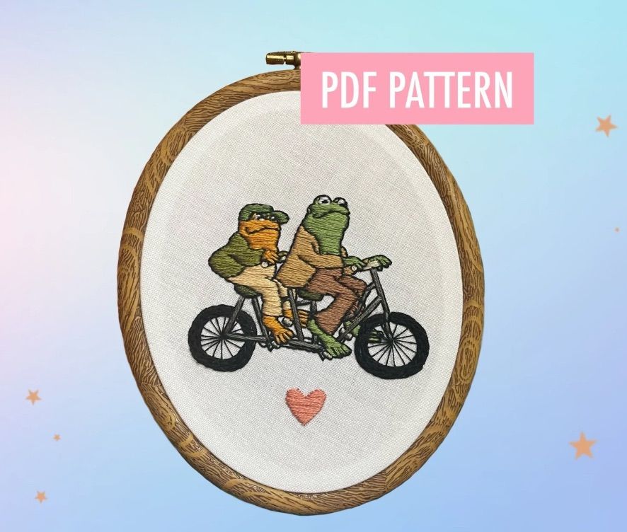 Image of a pdf embroidery pattern of Frog and Toad. 